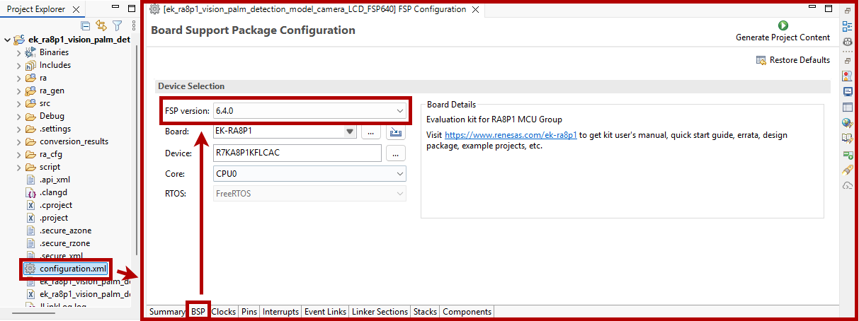 FSP Configurator showing the FSP version field on the BSP tab