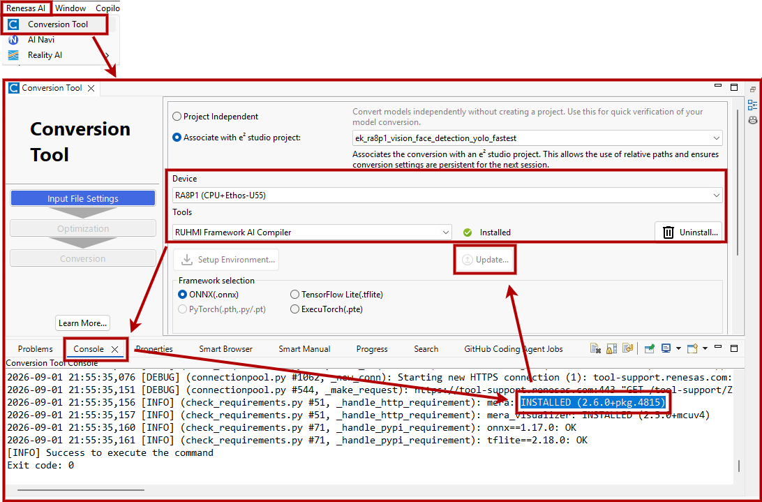 Conversion Tool showing the RUHMI Framework AI Compiler version and Update button